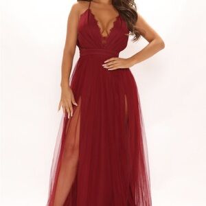 Fashion Nova Red Plunge Slit Maxi Gown